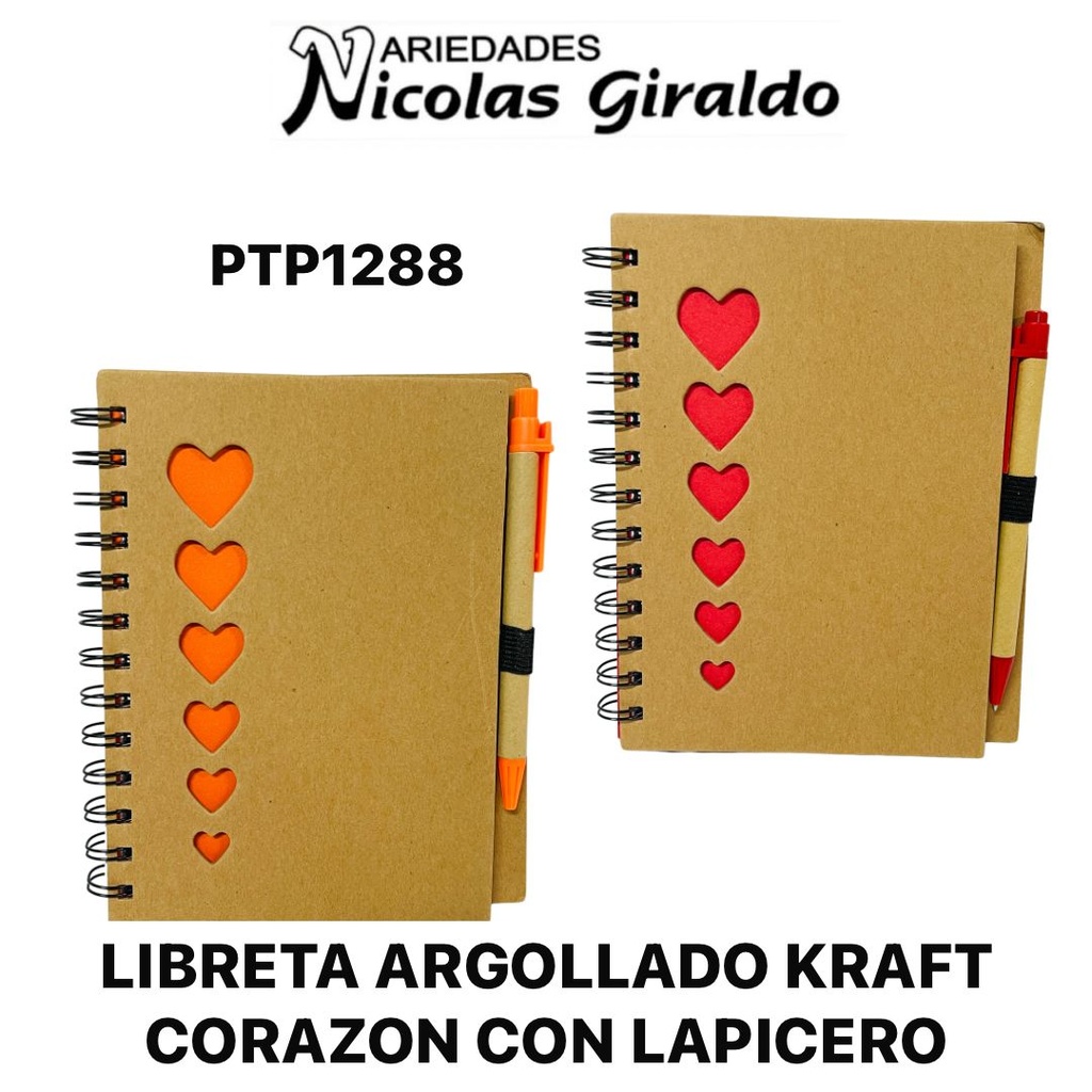 Libreta argollado kraft corazones con lapicero 
