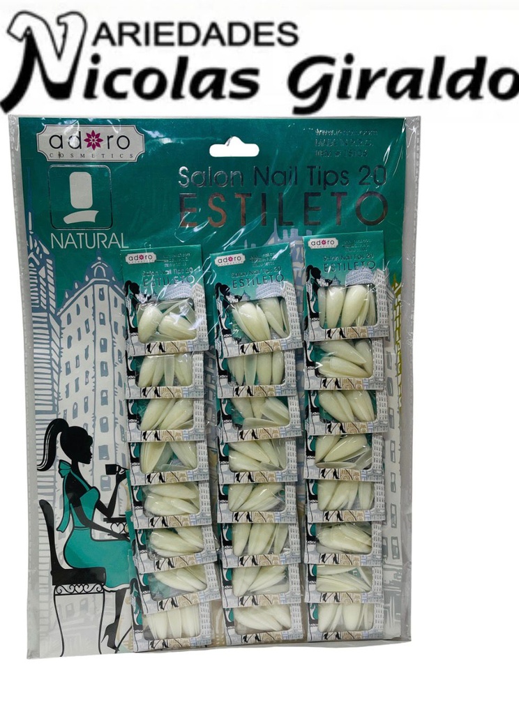 [15106] Uñas adoro ESTILETO blanca x24 Carton aguamarina