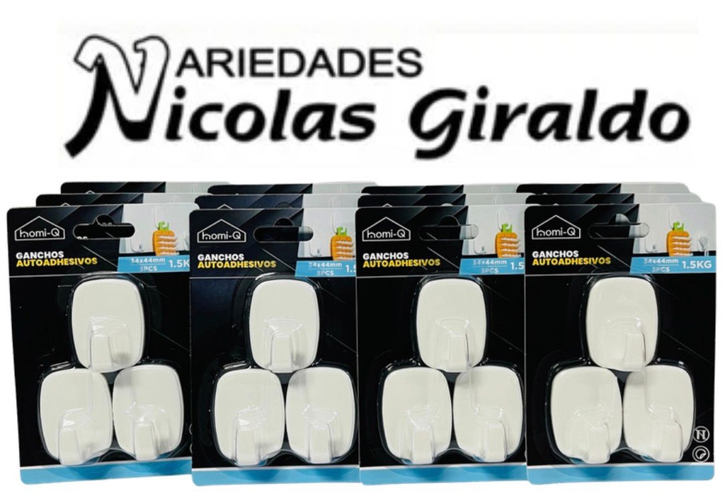 Gancho adhesivo homi-q carton cuadrado x3 PQT X12