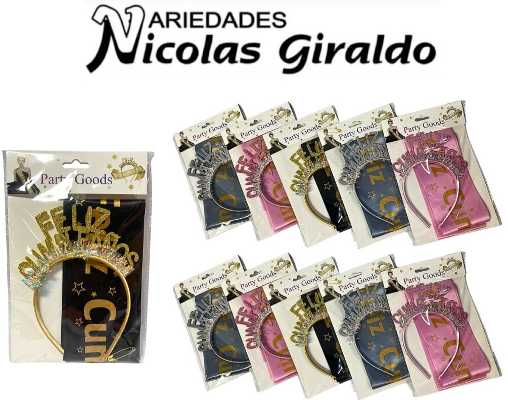 Diadema y banda satinada feliz cumpleaños pqt x10