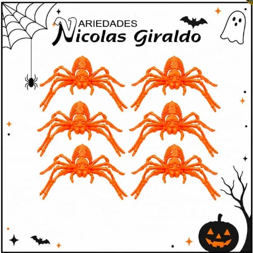 Araña halloween gigante plastica naranja paquete x6
