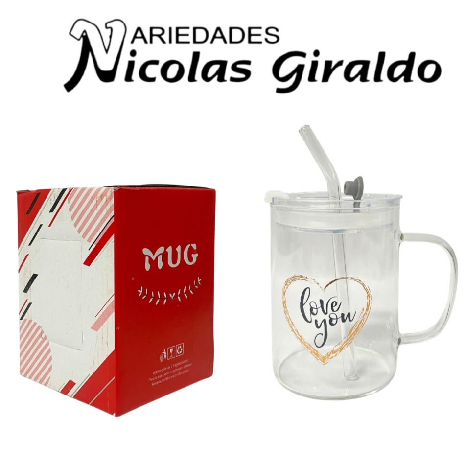 Vaso mug con pitillo vidrio estampado 