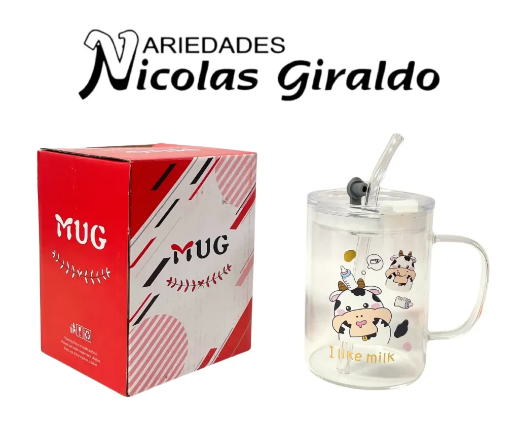 [WSD-237] Vaso mug con pitillo vidrio estampado 
