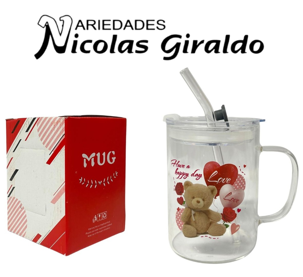 [WSD-237] Vaso mug con pitillo vidrio estampado 