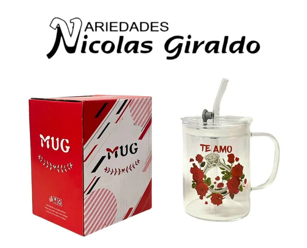 Vaso mug con pitillo vidrio estampado