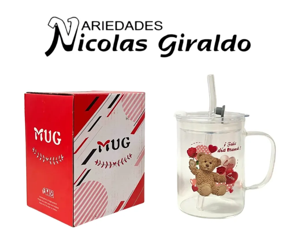 Vaso mug con pitillo vidrio estampado