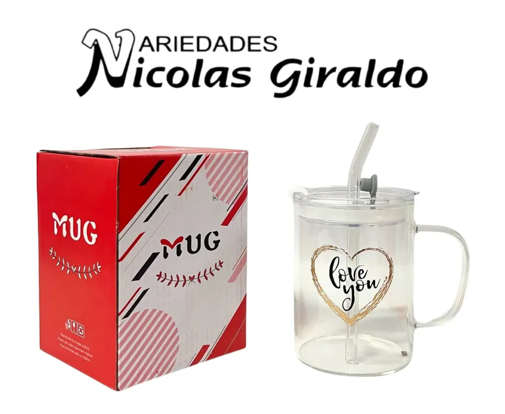 [WSD-238] Vaso mug con pitillo vidrio estampado 