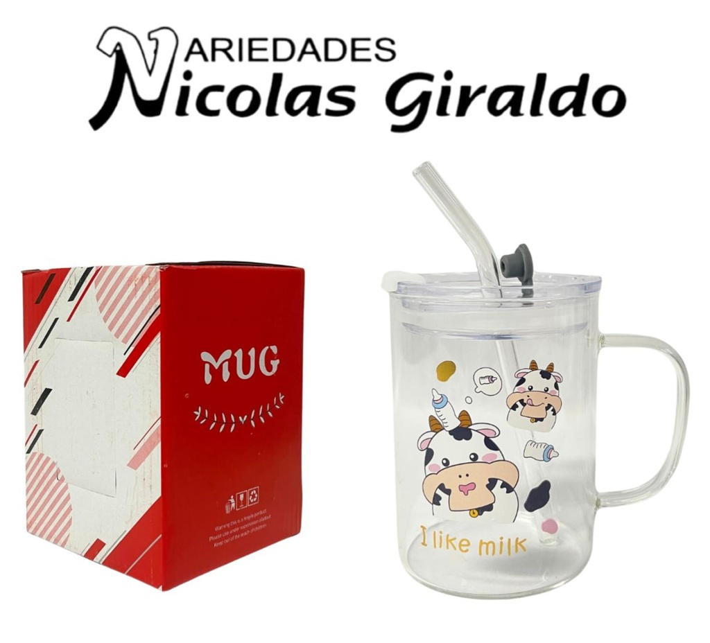 [WSD-238] Vaso mug con pitillo vidrio estampado 