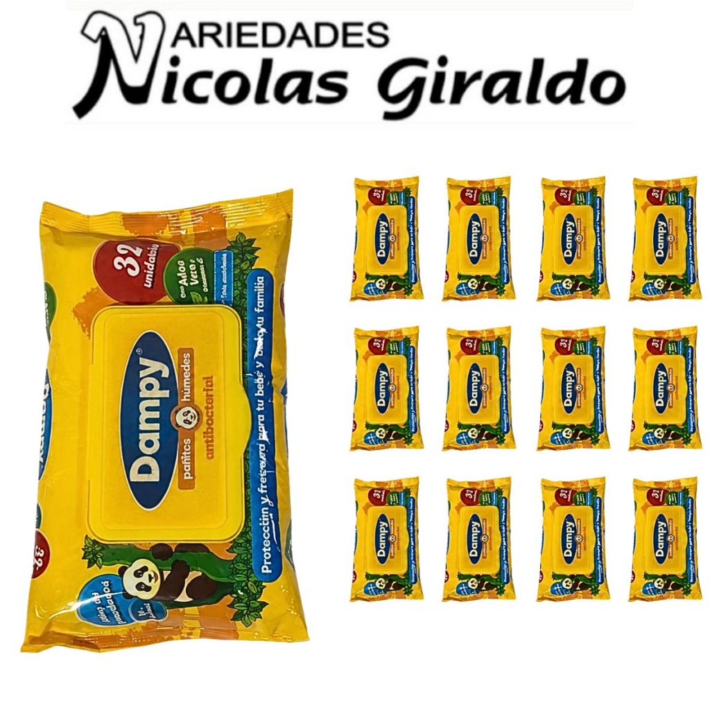 Pañitos humedos antibacterial dampy x32 amarillo  paquete x12