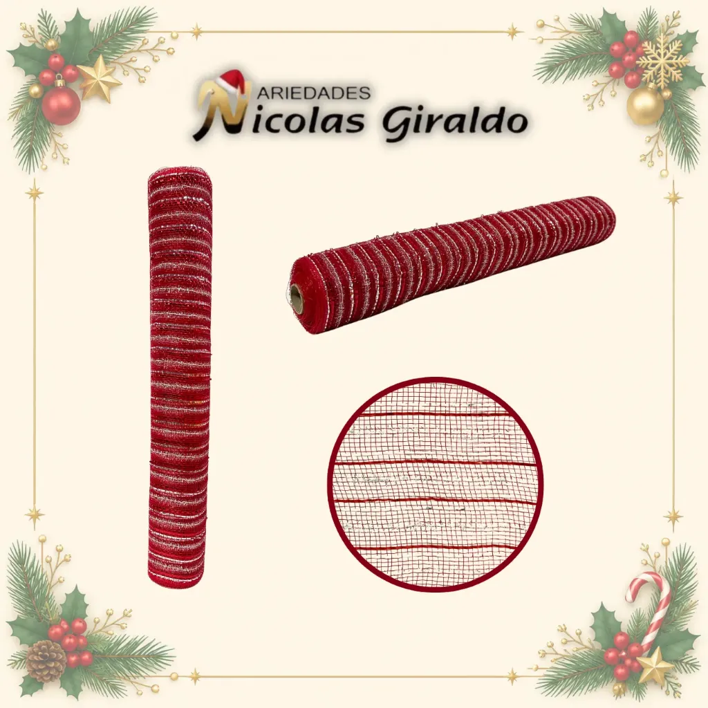 MALLA DECORATIVA LARGA 50CM ROJA DORADA