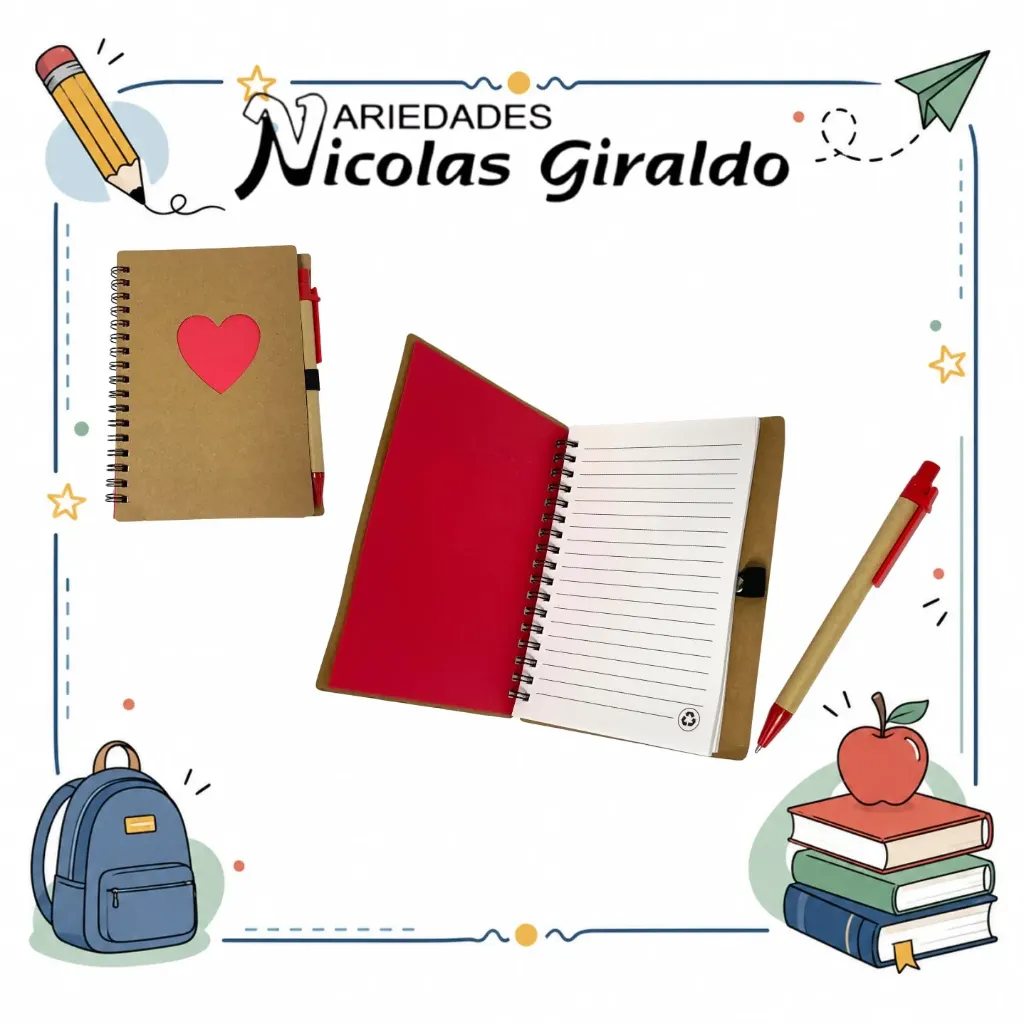 Libreta argollado kraft corazones con lapicero