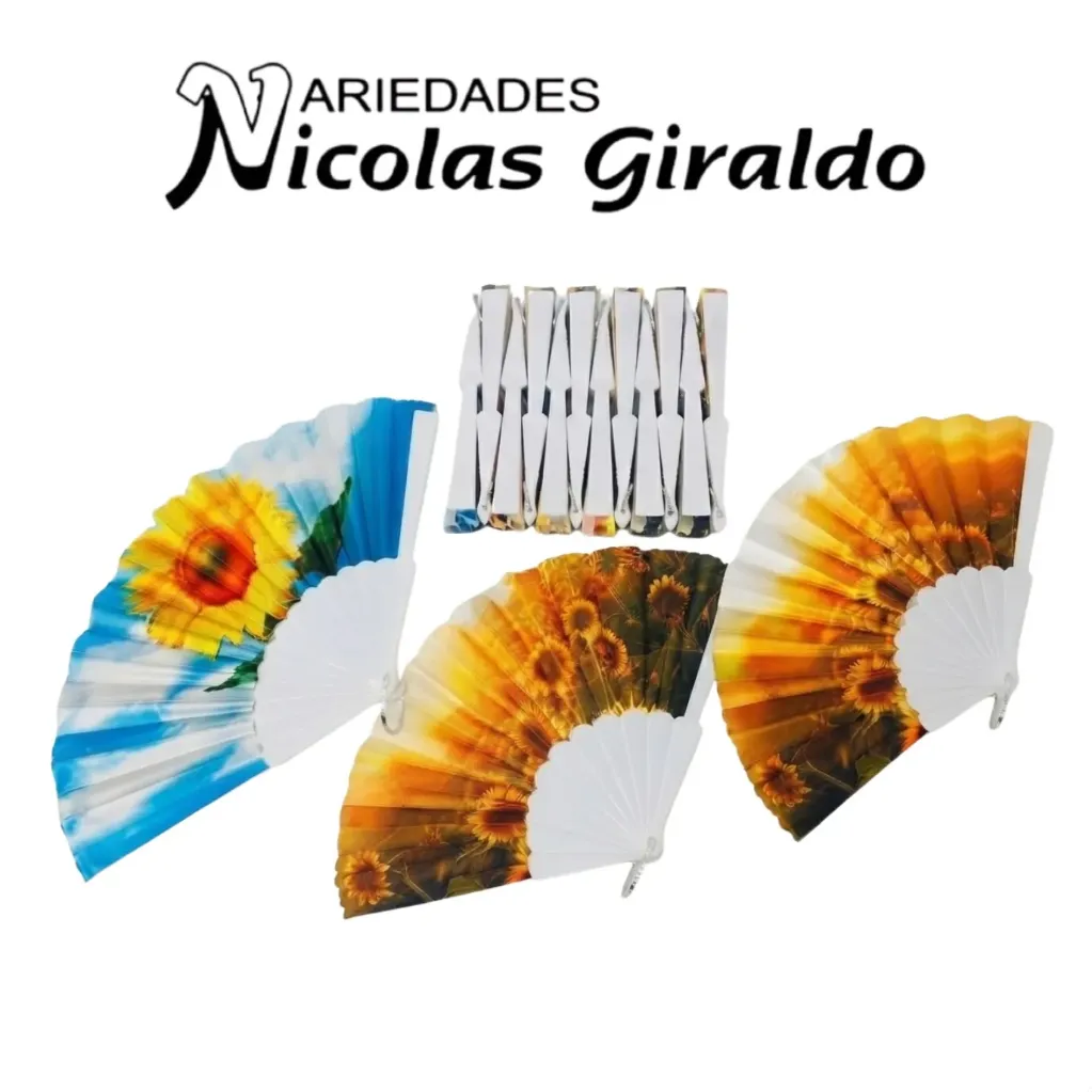 Abanico plastico blanco estampado flores paquete x12