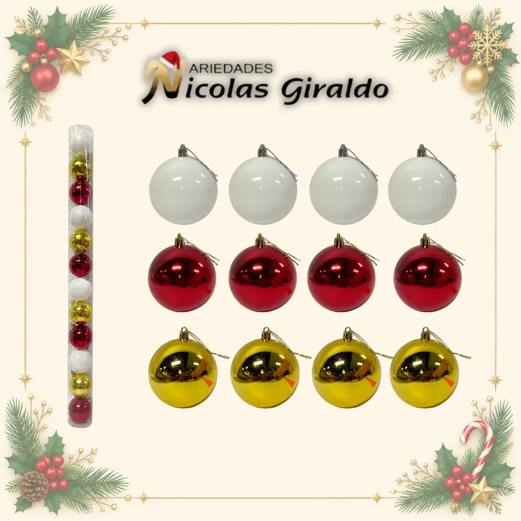 [2026SW-156] BOLA NAVIDEÑA 6CM X12 ROJA CON DORADO Y BLANCA