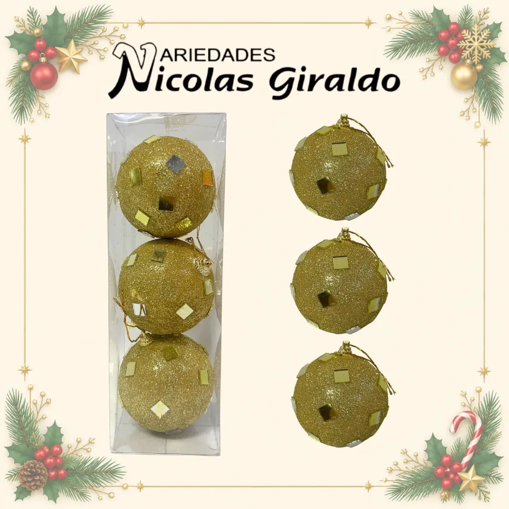 BOLA NAVIDEÑA GRANDE ESPEJO 10CM X3 DORADA