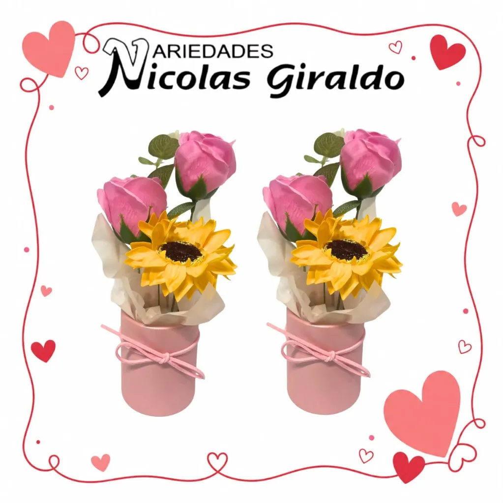 Detalle rosa con girasol matera rosada