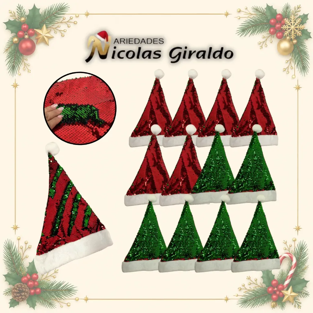 GORRO NAVIDAD LENTEJUELAS PAQUETE X12
