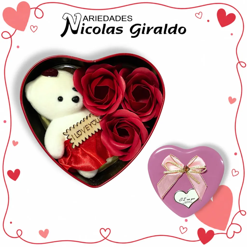 [YNC-170] Cofre corazon pequeño con peluche rosas