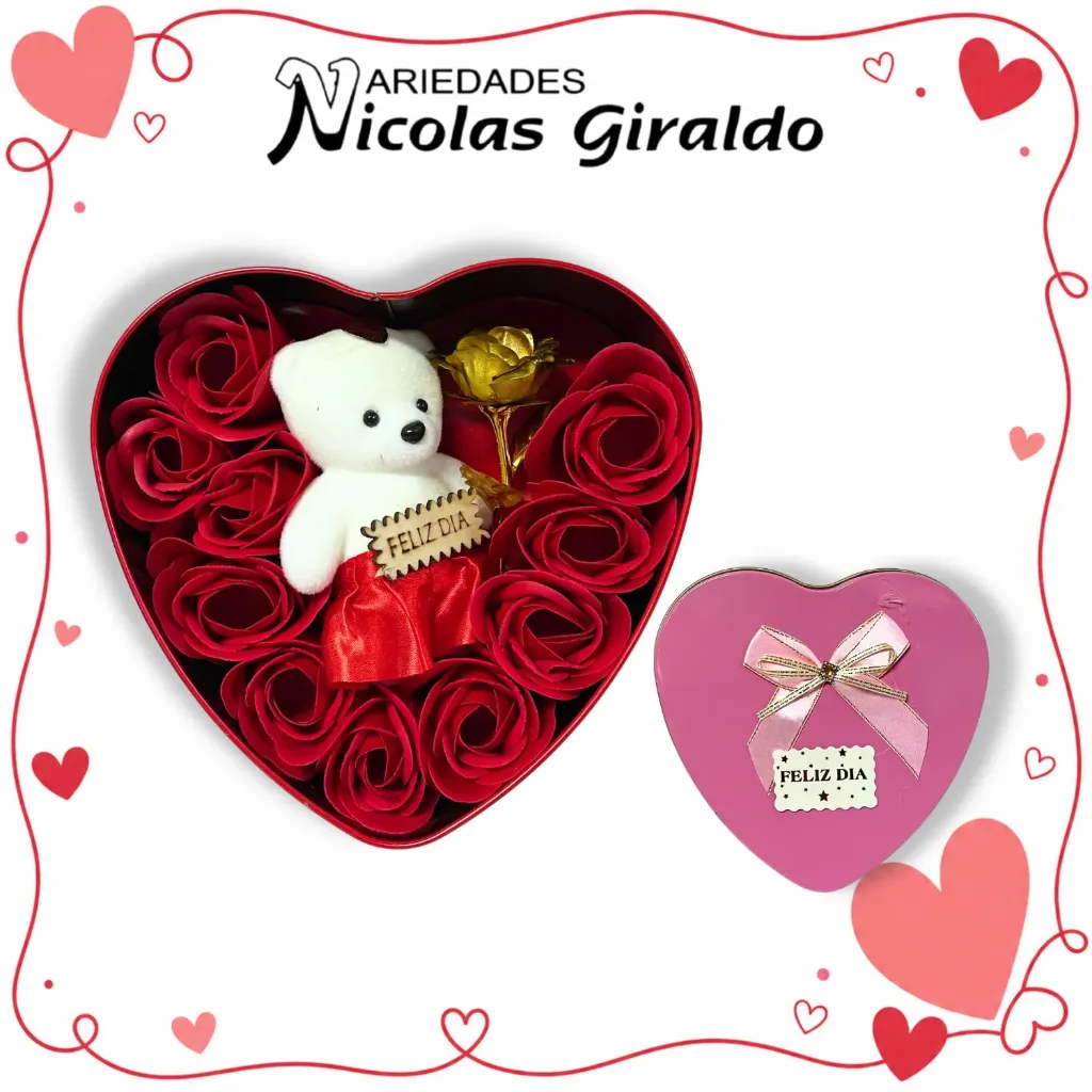 Cofre corazon grande con peluche rosas