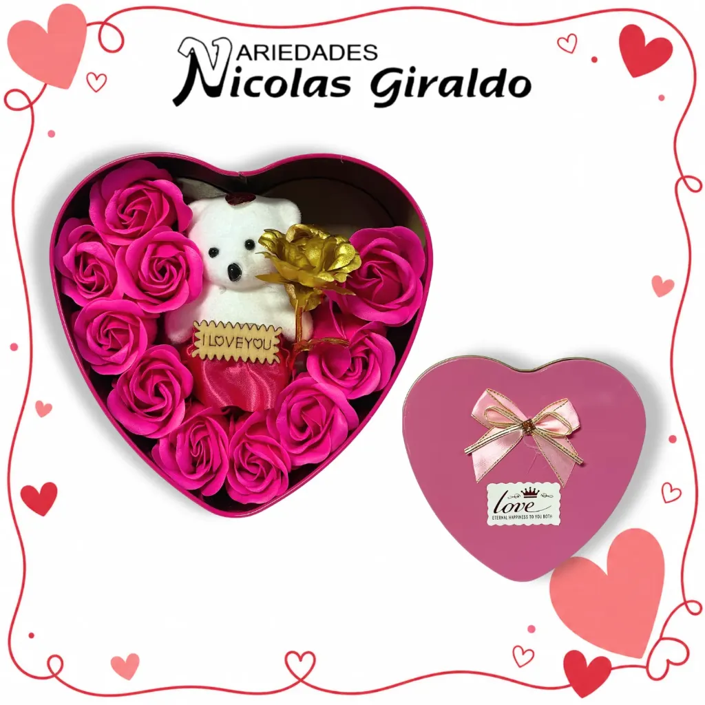 Cofre corazon grande con peluche rosas