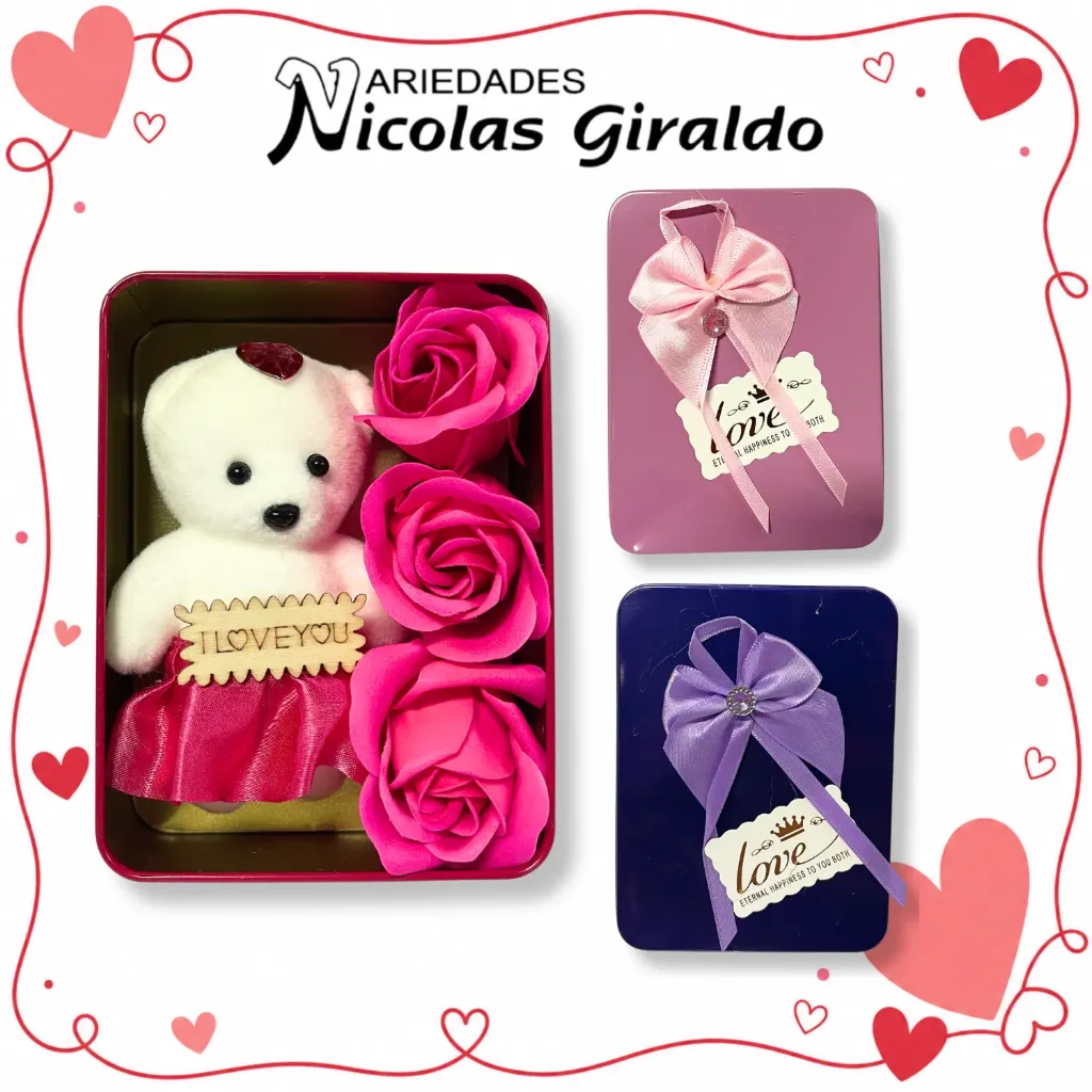 Cofre cuadrado pequeño con peluche rosas