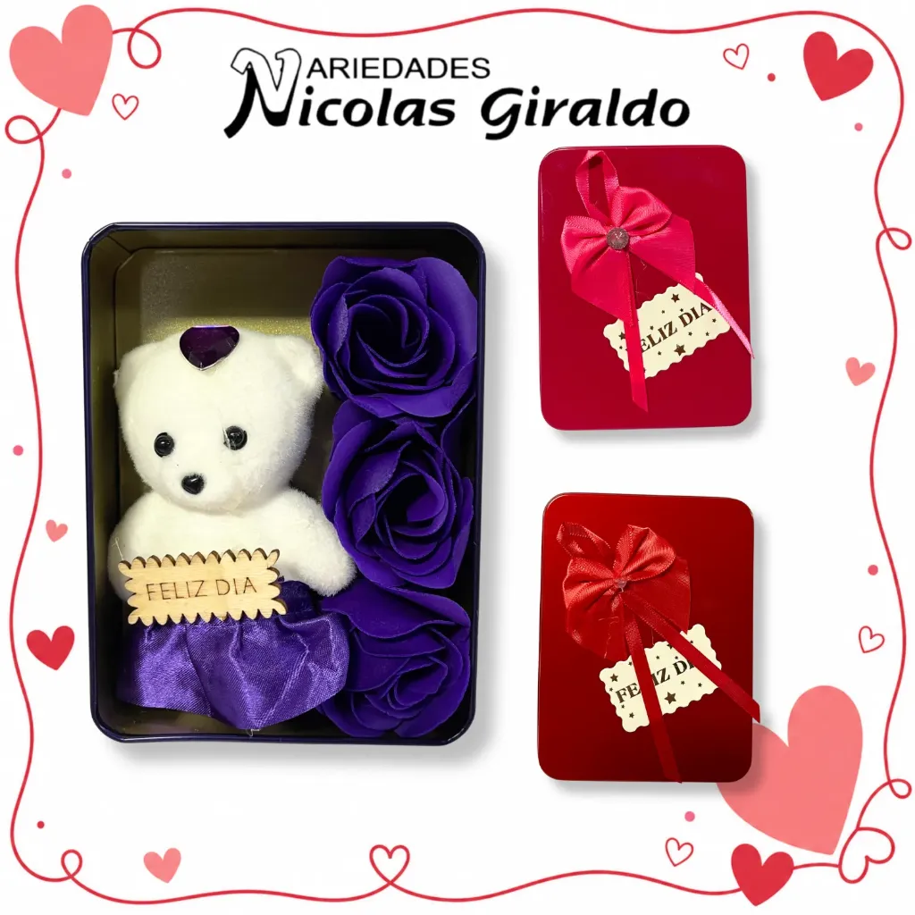 Cofre cuadrado pequeño con peluche rosas