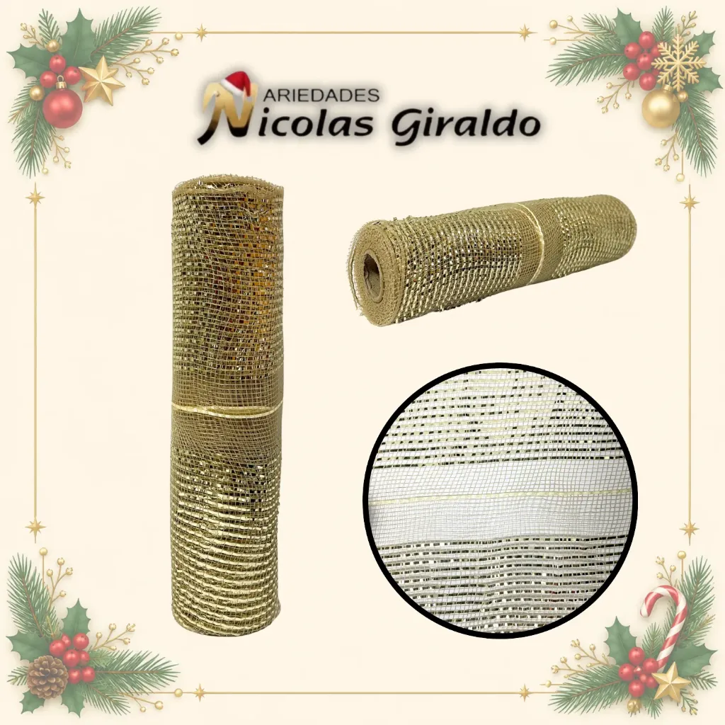 MALLA DECORATIVA 26CM 5 YARDAS CHAMPAÑA MOÑO FACIL