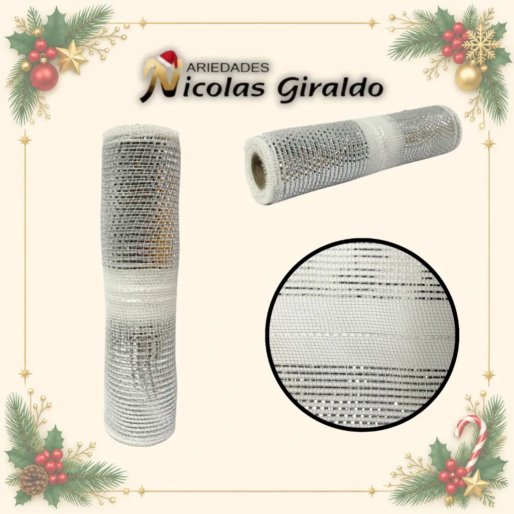 [SMR25-127] MALLA DECORATIVA 26CM 5 YARDAS BLANCA PLATA MOÑO FACIL