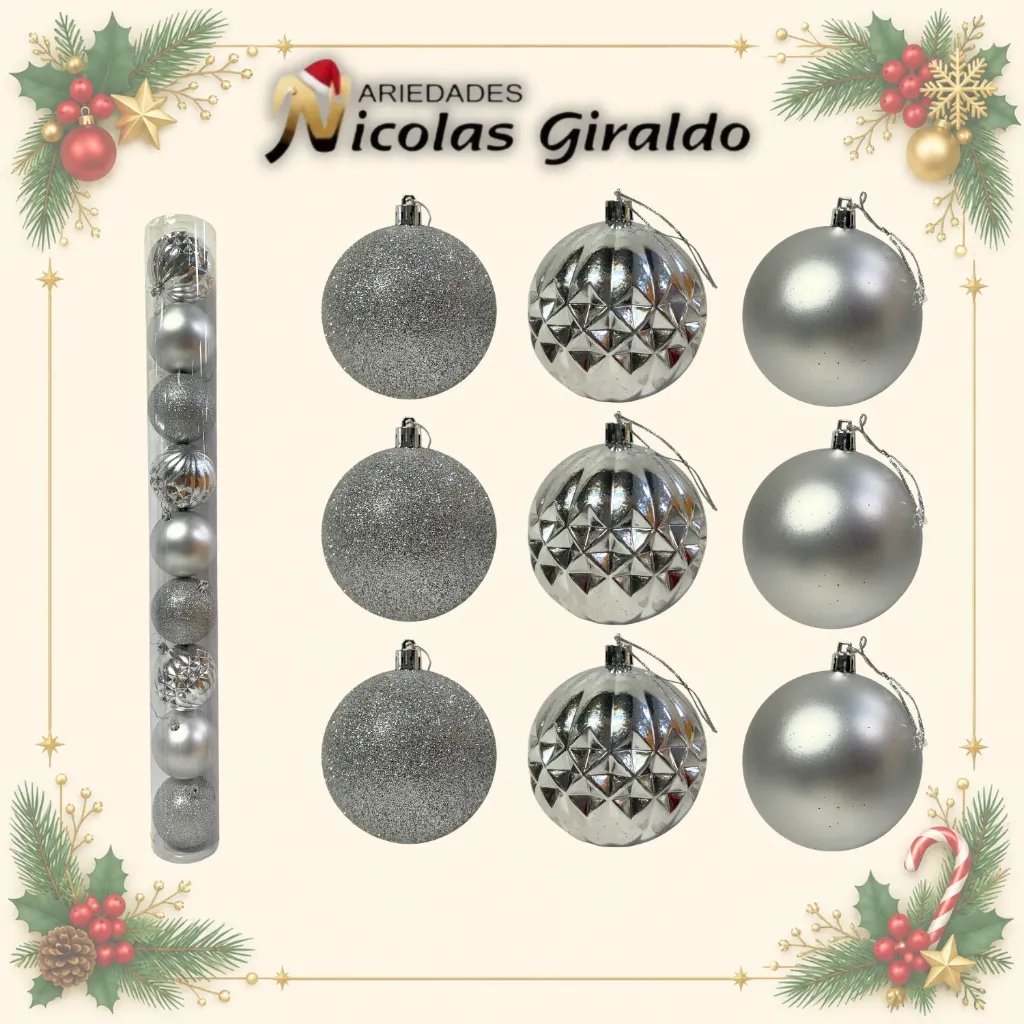 [J897S] BOLA NAVIDEÑA 8 CM X9 PLATA
