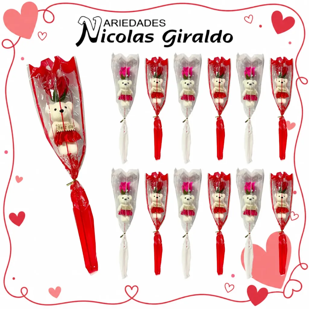 Detalle rosa con oso feliz dia paquete x12