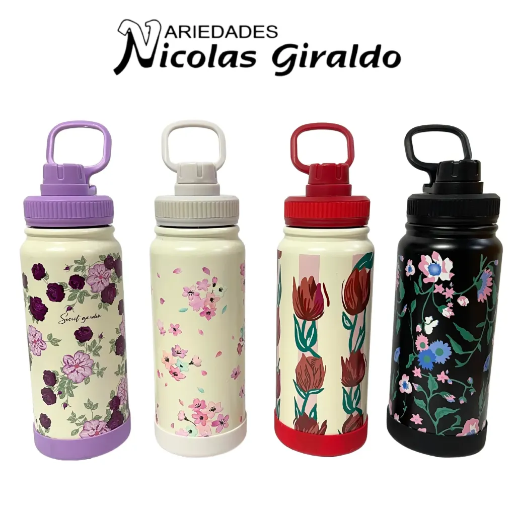 Termo metal fino estampados flores 600ml