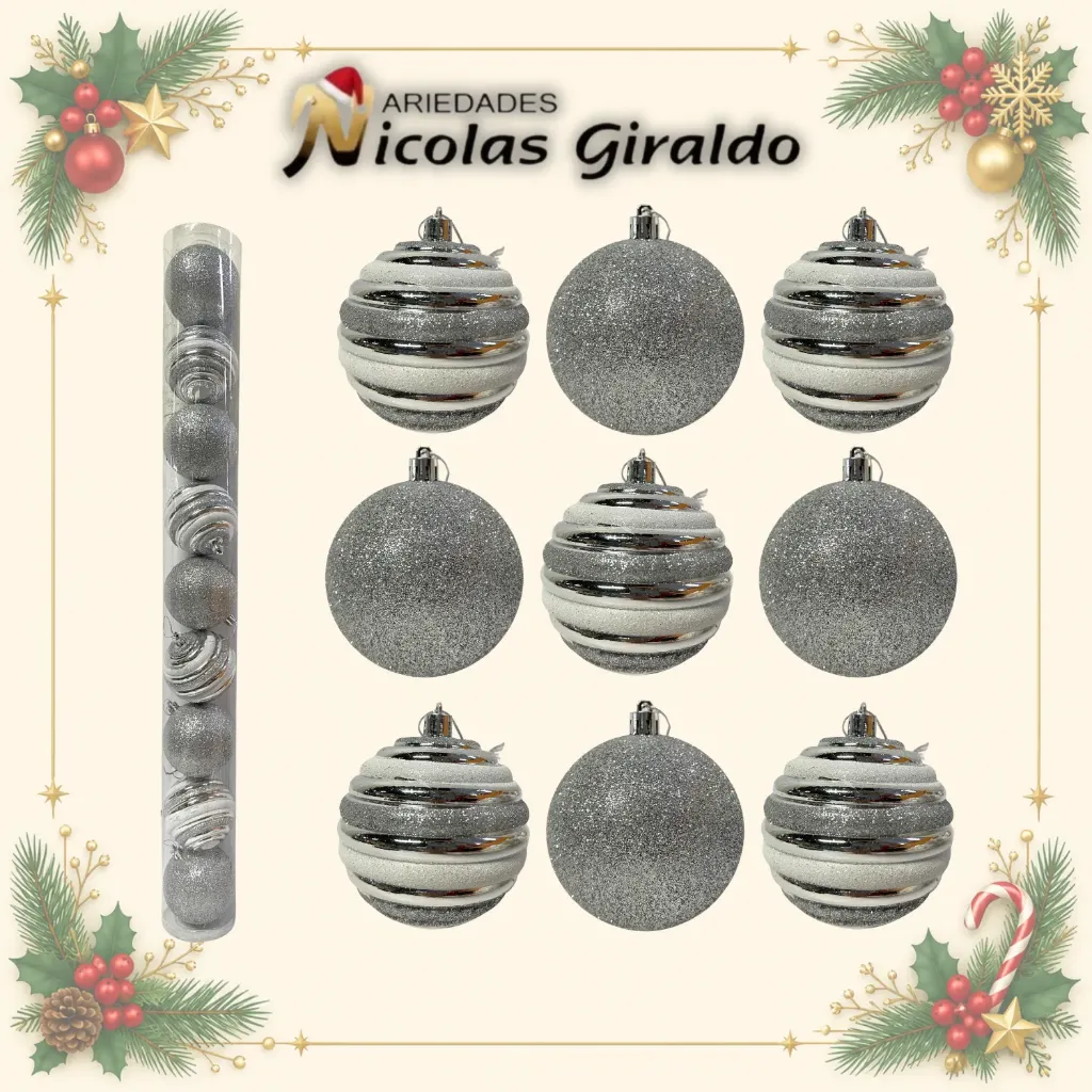 BOLA NAVIDEÑA 8 CM X9 ESCARCHADA PLATA
