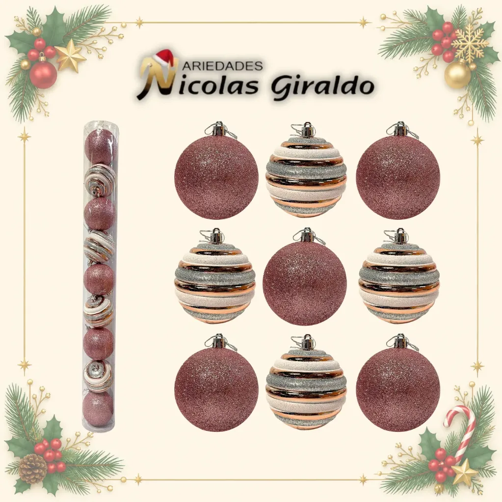 BOLA NAVIDEÑA 8 CM X9 ESCARCHADA PALO ROSA
