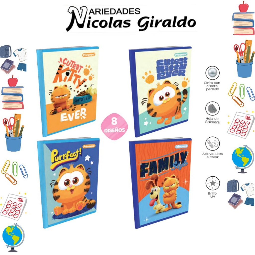 Cuaderno cosido prim. 100 H cuadro garfield