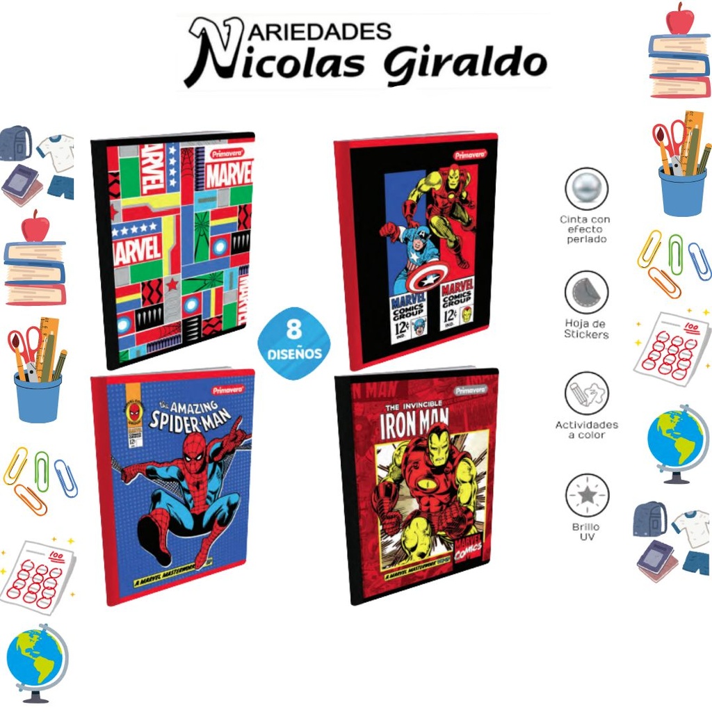 Cuaderno cosido prim. 100 H cuadro marvel