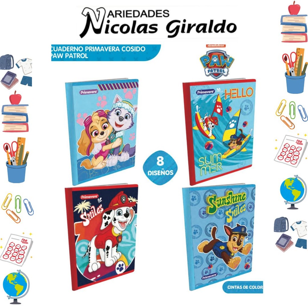 Cuaderno cosido primavera 100H cuadro paw patrol niño