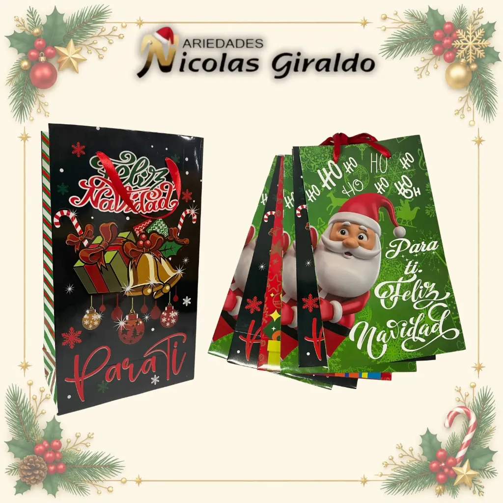 BOLSA NAVIDEÑA CARIÑITO ESTAMPADA GRANDE  PQT X6