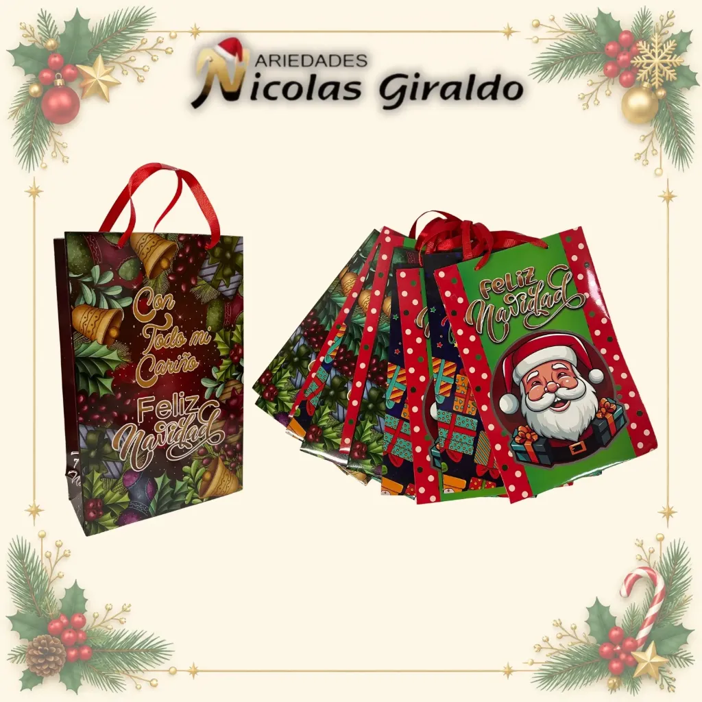 BOLSA NAVIDEÑA CARIÑITO ESTAMPADA MEDIANA  PQT X12