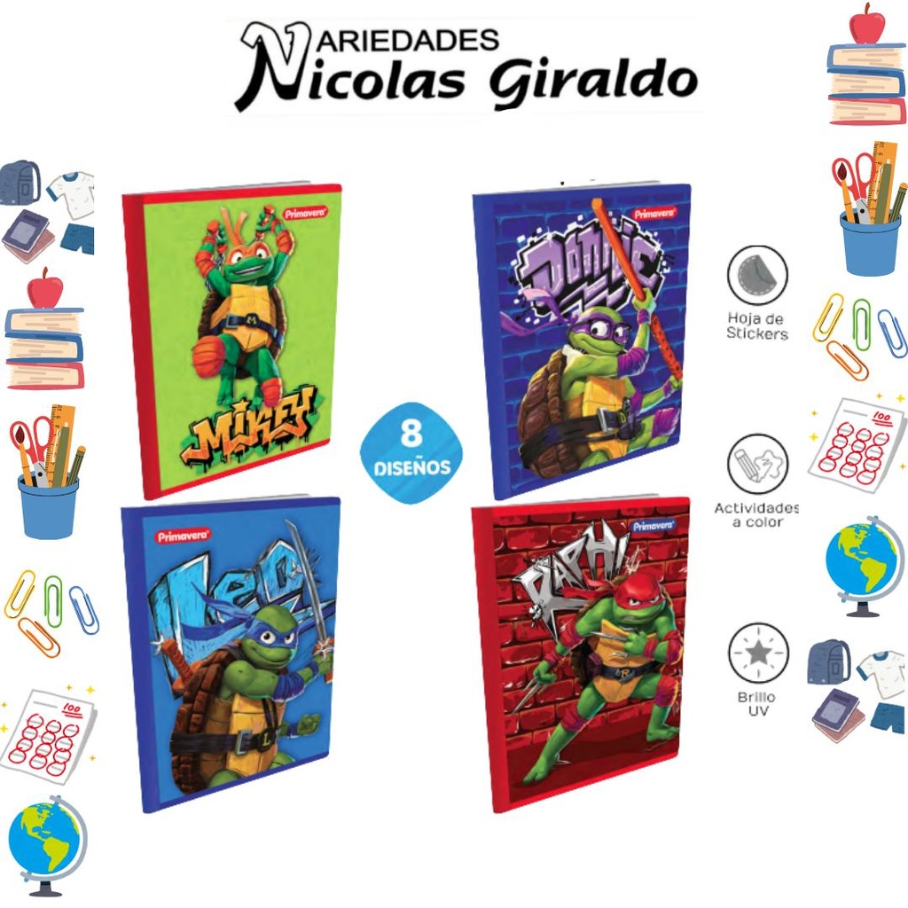[P3826] Cuaderno cosido prim. 100 H cuadro tortugas ninja