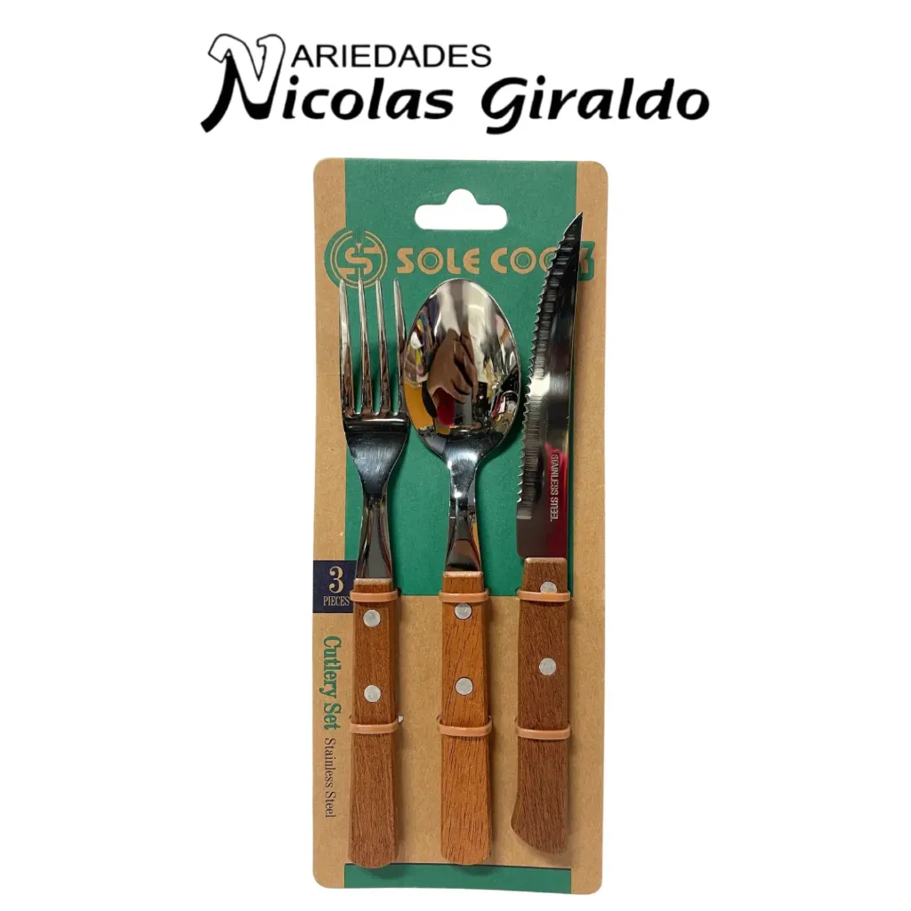 [BZ12258] Set cubierto fino cacha madera x3 cuchara-tenedor-cuchillo