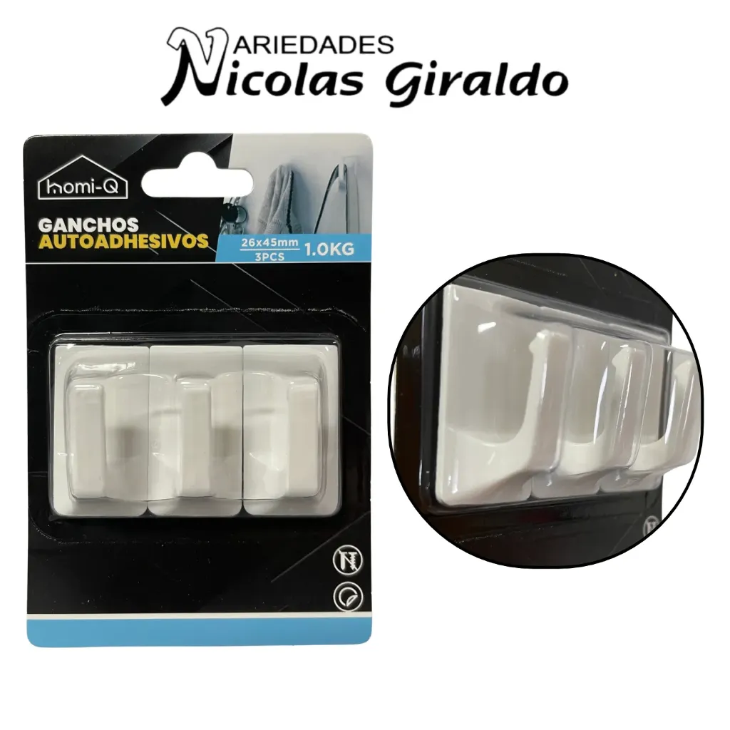 [HQ336] Gancho adhesivo homi-q carton cuadrado x3