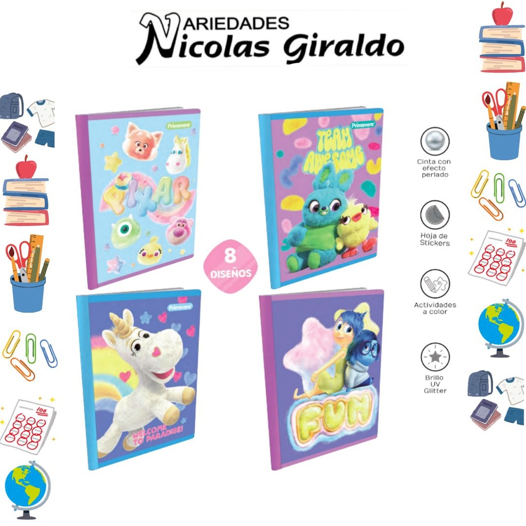 [P3842] Cuaderno cosido primavera 100H raya pixar fluffy niña