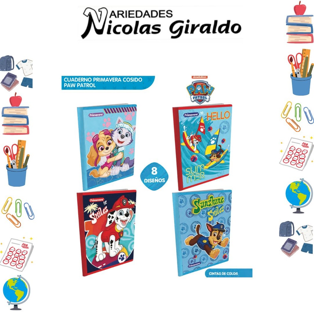 [P1830] Cuaderno cosido primavera 100H rayas paw patrol niño
