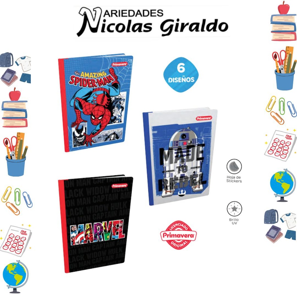 Cuaderno cosido primavera pasta dura 100H cuadro marvel