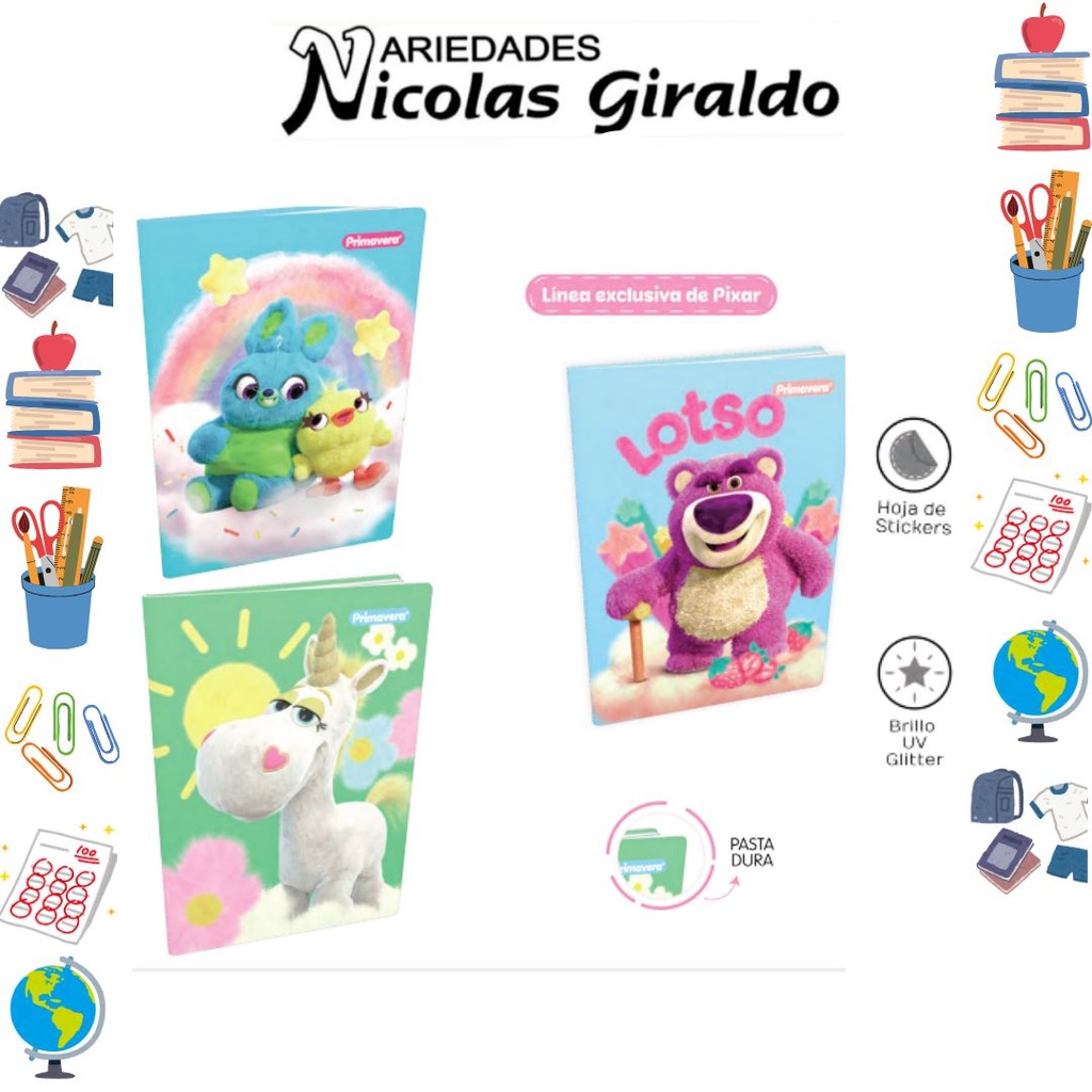 [P3887] Cuaderno cosido primavera pasta dura 100H cuadro pixar