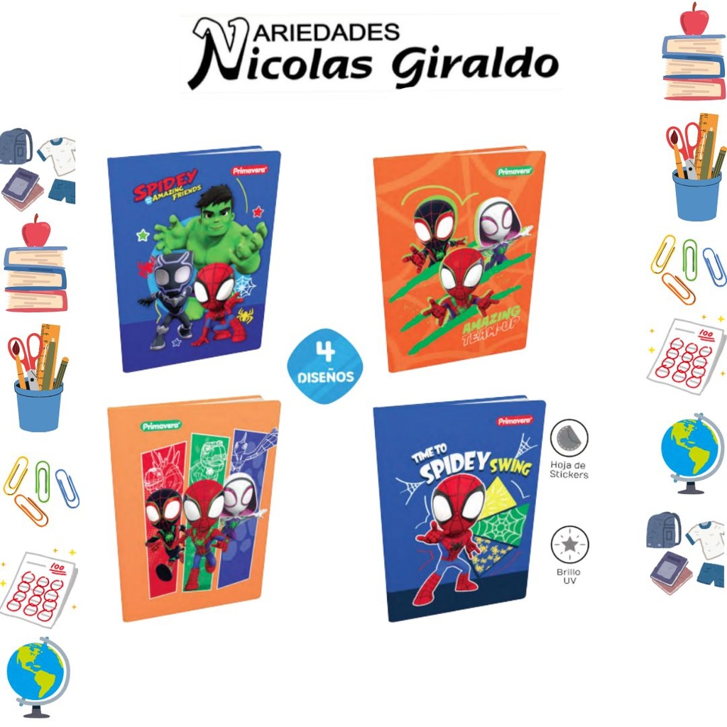 [P3885] Cuaderno cosido primavera pasta dura 100H cuadro spidey