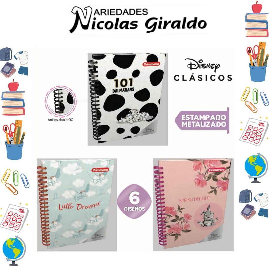[P3854] Cuaderno primavera 5 materias argollado pequeño clasicos disney