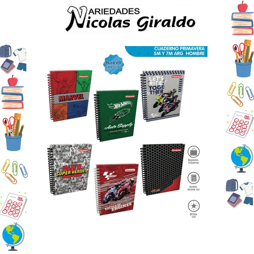 Cuaderno primavera 5 materias argollado pequeño hombre