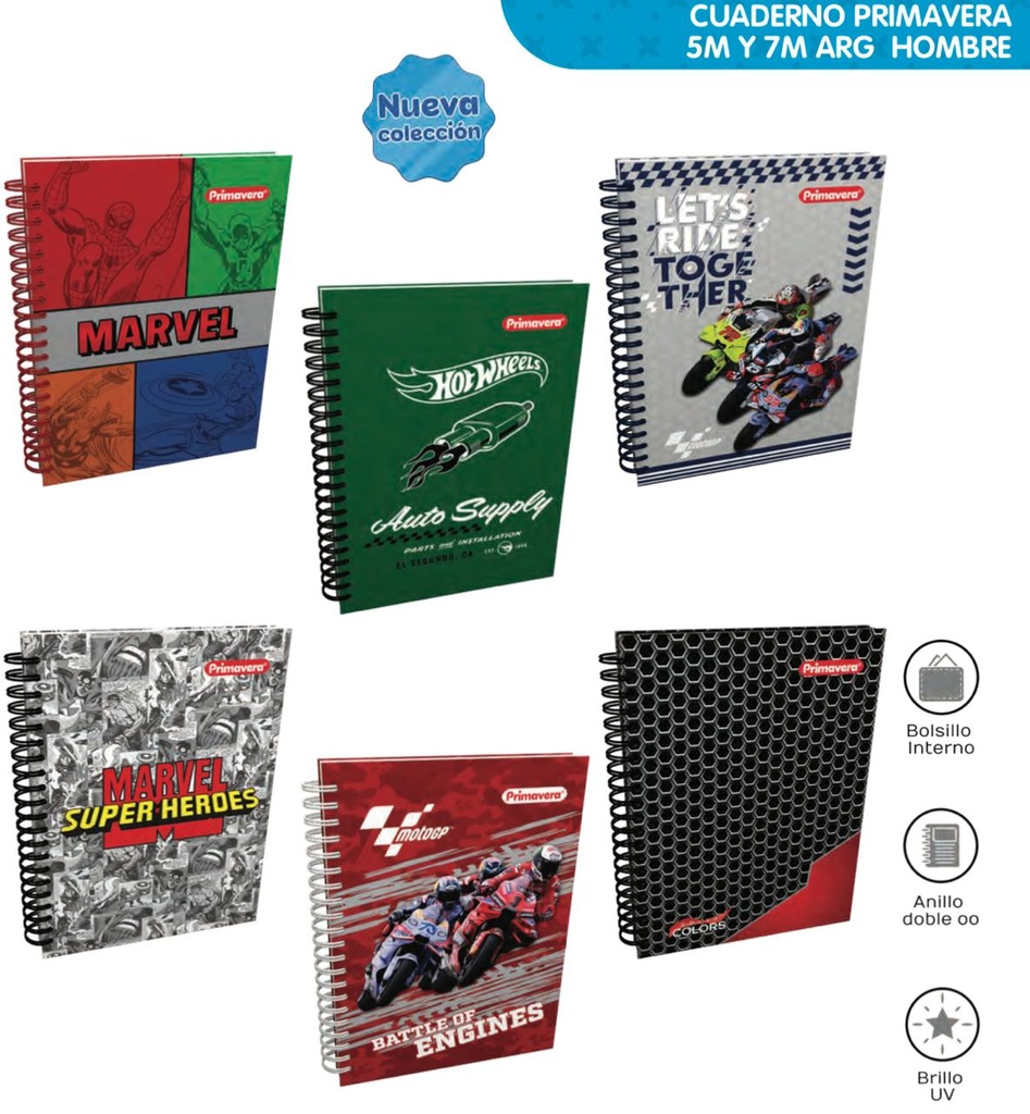 Cuaderno primavera 5materias argollado pequeño hombre