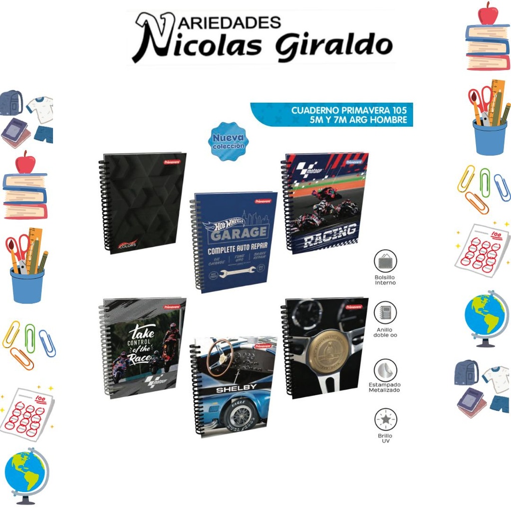 Cuaderno primavera 5 materias argollado grande hombre