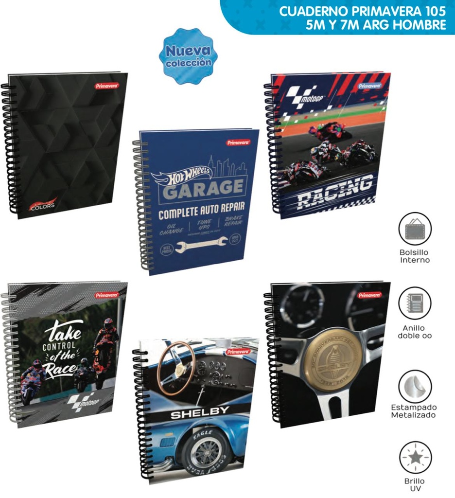 Cuaderno primavera 5materias argollado grande hombre
